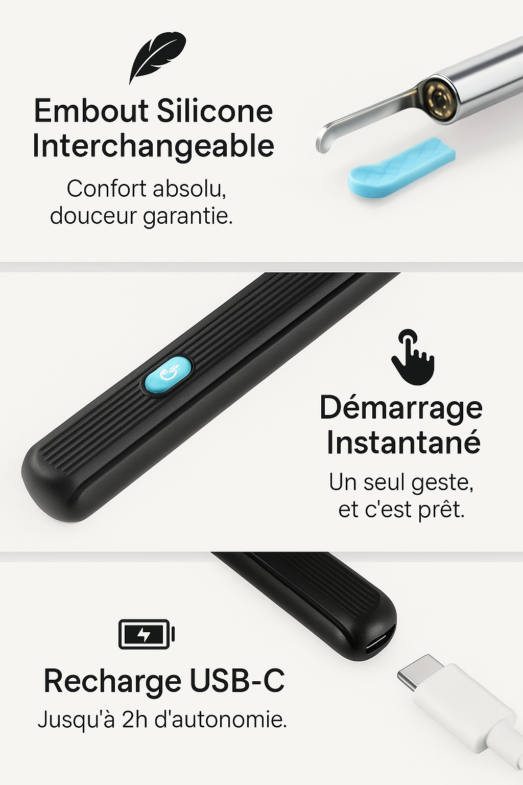Nettoyeur d’oreille avec caméra HD (Wi-Fi) – Otoscope électronique + embouts souples – Kit retrait cérumen iPhone/Android