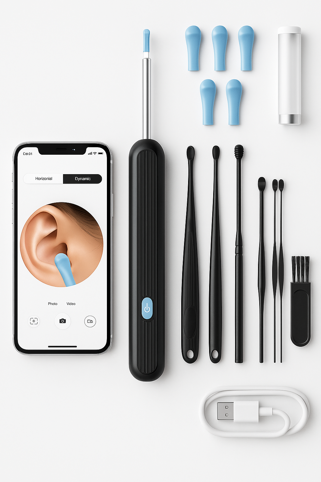 Nettoyeur d’oreille avec caméra HD (Wi-Fi) – Otoscope électronique + embouts souples – Kit retrait cérumen iPhone/Android