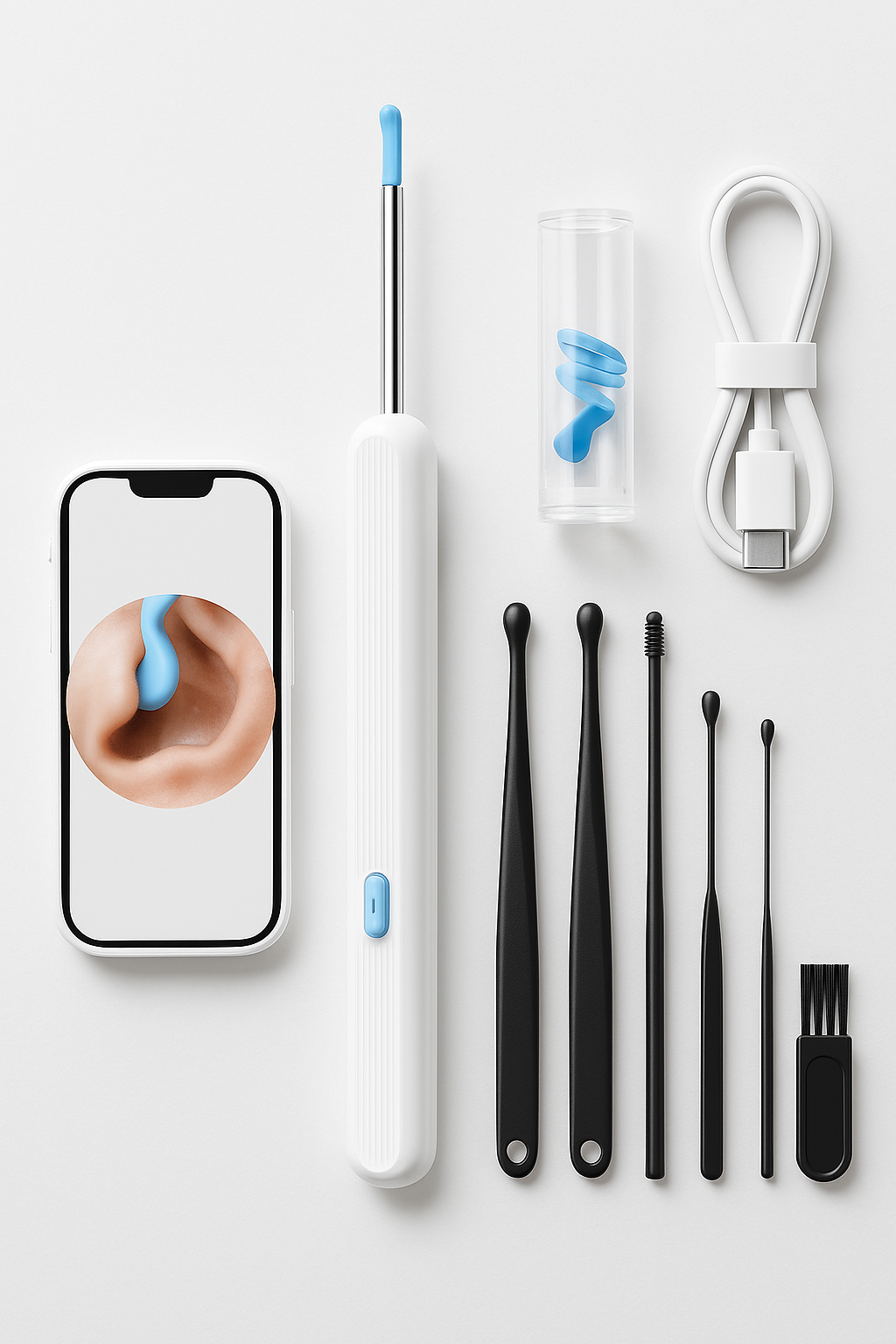 Nettoyeur d’oreille avec caméra HD (Wi-Fi) – Otoscope électronique + embouts souples – Kit retrait cérumen iPhone/Android